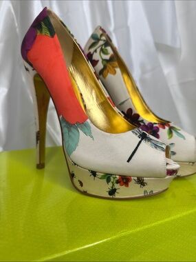 Ted Baker Floral Peep-Toe Platform Heels - White Multi